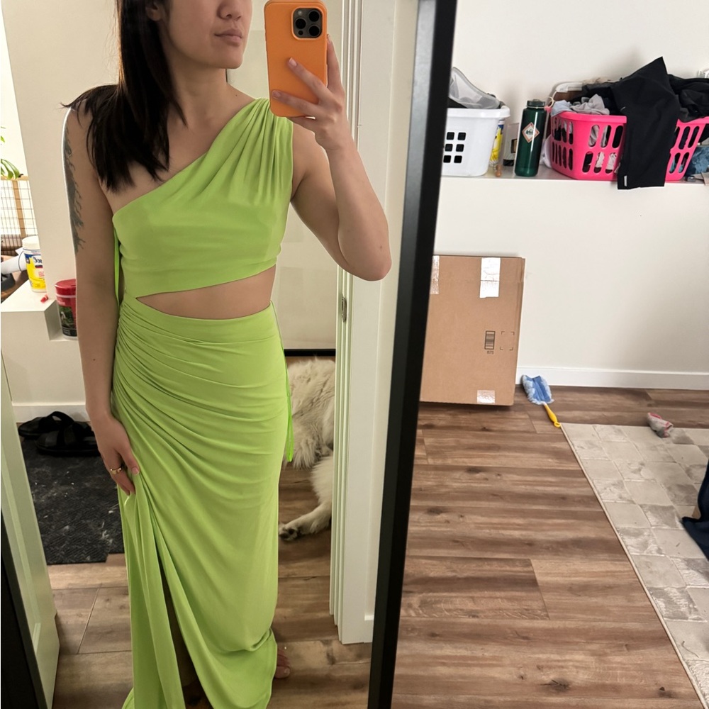 Mac Duggal One-Shoulder Cutout Gown in Lime Green